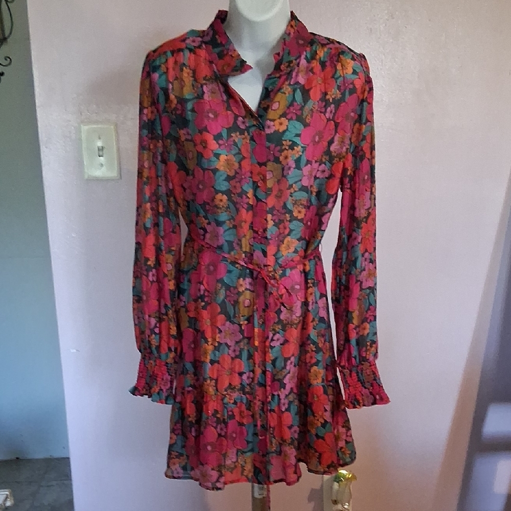 Fate Pink Multi Floral Long-Sleeve Tie-Waist Dress